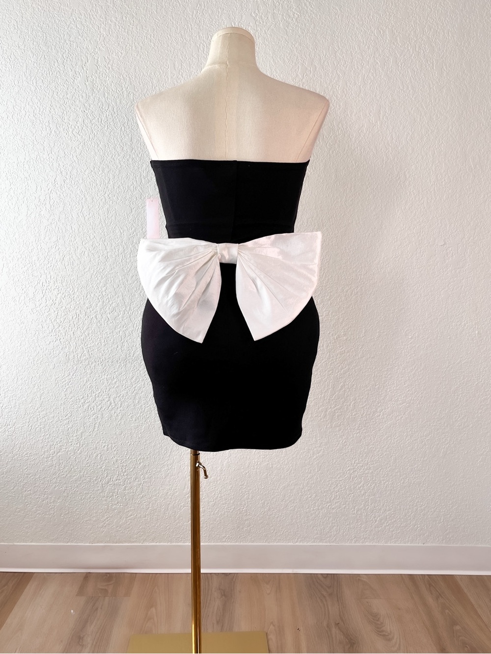 Strapless Black Mini Dress with Oversized White Bow